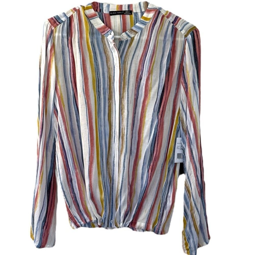 Black Tape Striped Button Front‎ Drawstring Waist Blouse  Size Small